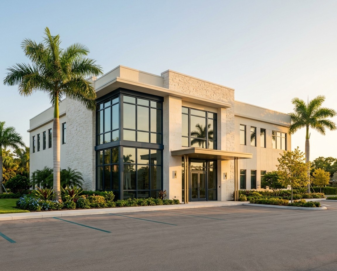 A modern medical office building in South Florida at golden hour